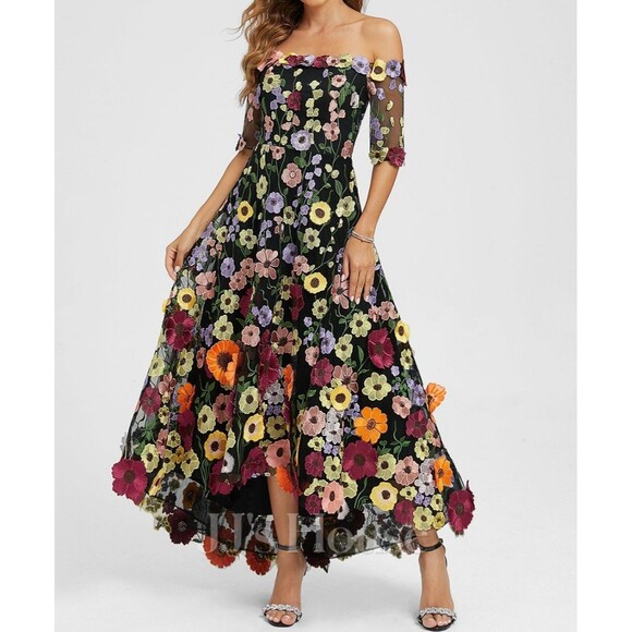 NWT JJ’s House 16 Formal Black Floral Off Shoulder Embroidered Maxi Dress - Picture 1 of 5